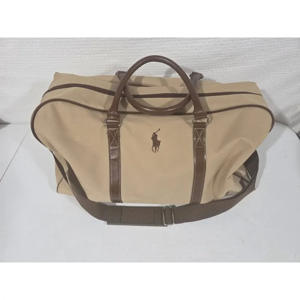 Ralph Lauren Mens Beige & Brown Canvas With Shoulder Strap Travel Duffle Bag VGC